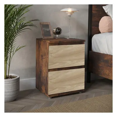 (Rustic Brown Carcass + Oak Drawers) Drawer Wooden Bedside Cabinet No Handle Drawer Storage