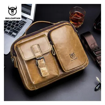 (yellow) Bullcaptain New Genuine Leather Men Crossbody Bag Male Briefcase Messenger Bag Casual B