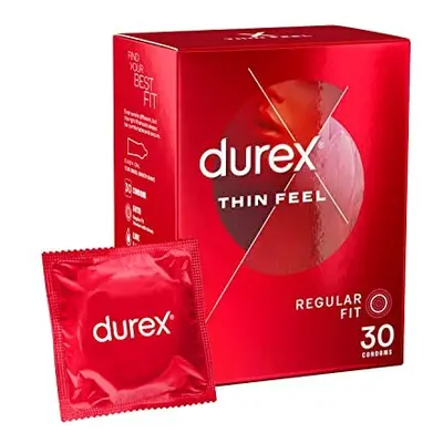 Durex Thin Feel Condoms, Regular Fit, 30s, Secure, Tighter, Natural Latex, with Silicone Lube, E