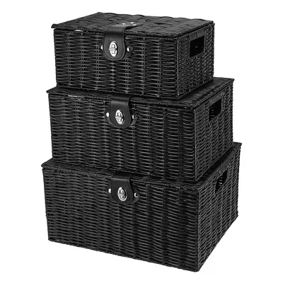 HAKZEON Set of Resin Woven Storage Baskets, Wicker Hamper Storage Baskets Box with Lid & Lock fo