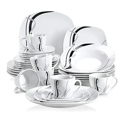 VEWEET 'Fiona' 30-Piece Dinner Set Ivory White Black Lines Porcelain China Ceramic Combination S