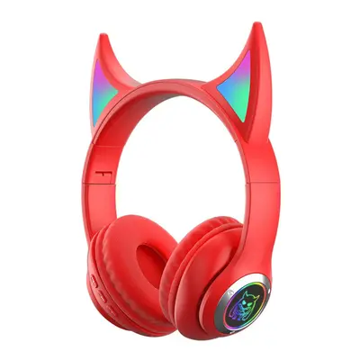 (Red) Devil's Horn Headset Wireless BT5.0 Hi-Fi Stereo Sound IPX5 Noise-Canceling Colorful RGB B