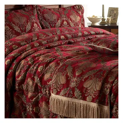 Shiraz Throw Bed Runner - Burgundy Red and Gold - Embroidered Damask Jacquard - Gold Twisted Loo