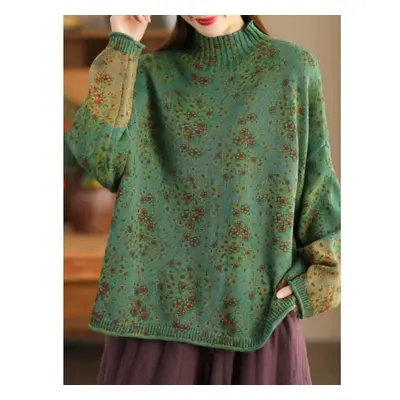 (green, One Size) Johnature Women Pullover Sweaters Mock Neck Long Sleeve Patchwork Print Floral