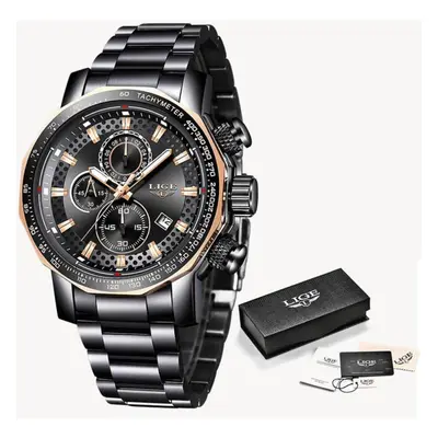 (Black Gold) Lige Men Luxury Chronograph Stainless Steel Watch