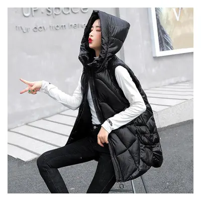 (black, XL) Women Autumn Winter Outwear Thicken Waistcoat Cotton Padded Hooded Sleeveless Jacket