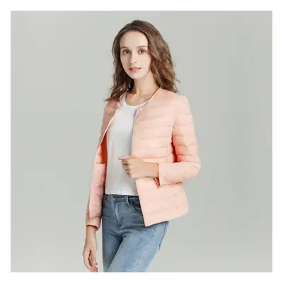 (pink, L) Women Autumn Winter Lightweight White Down Jacket Liner O Neck Slim Long Sleeve Button