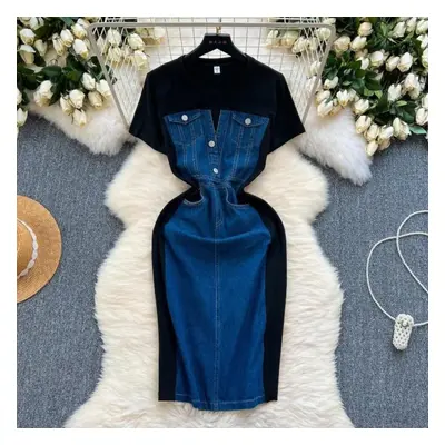 (black, L) New Trendy Casual Dress Women&apos;s Contrast Vintage Denim Panel Short Sleeve Slim F