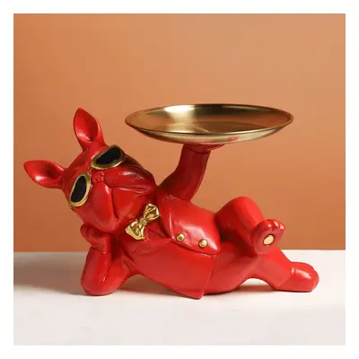 (red) Resin Decorative Dog Statue Butler With Tray Storage Table Living Room French Bulldog Orna