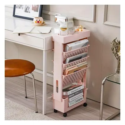 (pink) Roll Away Clutter: Minimalist Movable Bookshelf With Wheels For Organizing Books & More