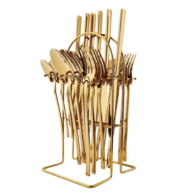 (24pcs+Rack - Gold) 24pcs Rainbow Color Cutlery Set Knife Fork Spoon With Rack Dinnerware Set St