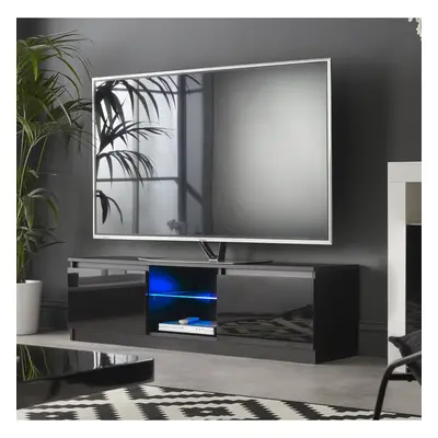 (Black) Modern TV Stand Cabinet Unit with LED Blue Lights for 49 65