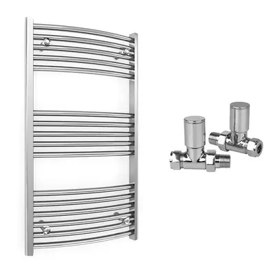 (600 x mm (BTU: 1100), With Straight Valves) 600mm Wide Chrome Curved Towel Rail Radiator With V