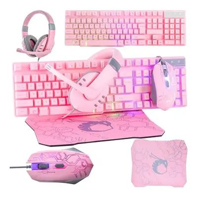 Pink Gaming Keyboard and Mouse Headset Headphones and Mouse pad Wired LED RGB Backlight Bundle P