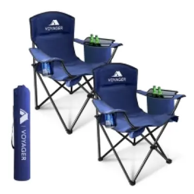 Voyager Folding Camping Chairs Pack with Cooler Bag Steel Frame Blue