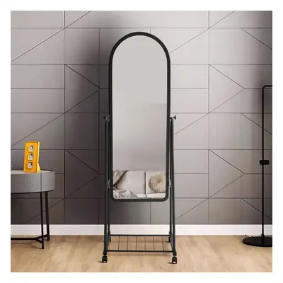 (45cm W x 160cm H) Black Freestanding Rolling Full Length Mirror with Storage Shelf