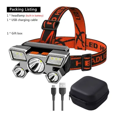 (C Packing) 5LED Bright Portable Headlamp USB Rechargeable Built-in Battery Flashlight Lightweig