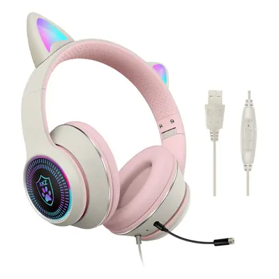 (Grey) Cat Ear Wired Headset USB 7.1 Channel Stereo Sound Head-mounted Luminous RGB Gaming Headp