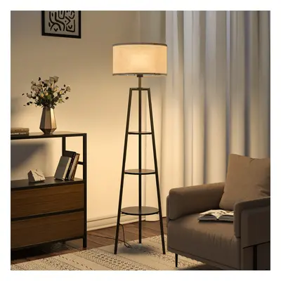 Round Shelf Floor Lamp with Fabric Lampshade