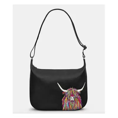 Black Rainbow Highland Cow Leather Hobo Bag