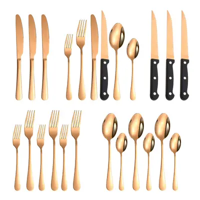 (Rose gold 24-piece set) Steak Knife and Fork Set, Piece Stainless Steel Dinner Knife Set