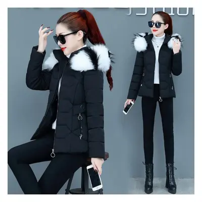 (black, M) Winter Jacket Women Parkas Faux Fur Collar Hooded Jacket Female Down Jacket Parka Out