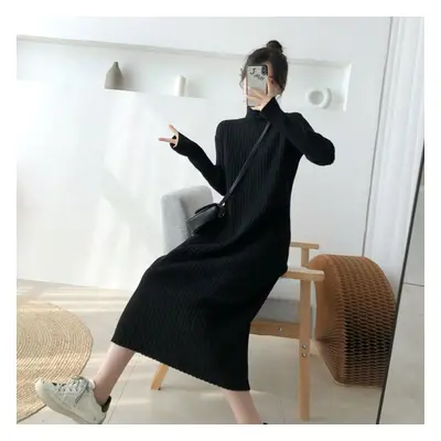 (black, XL) Korean Style Autumn Winter Women Long Warm Dress Turtleneck Stretchy Knitting Black 