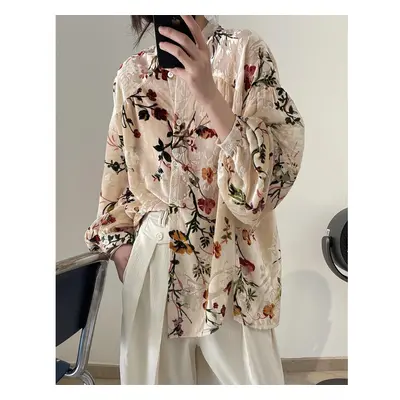 (beige, M) Johnature Spring Summer Korean Vintage Court Style Velvet Print Shirt Loose Casual Ja