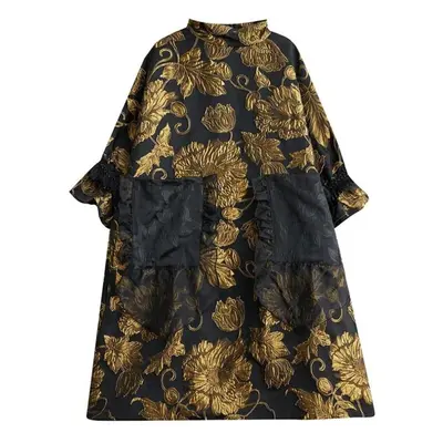 (yellow, One Size) Xitao Stand Collar Chinese Style Dress Patchwork Temperament Fashion Trendy W