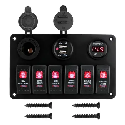 (red) Dc 12v/24v Waterproof On/off Lights Led Digital Voltmeter Gang Rocker Switch Panel Dual Us