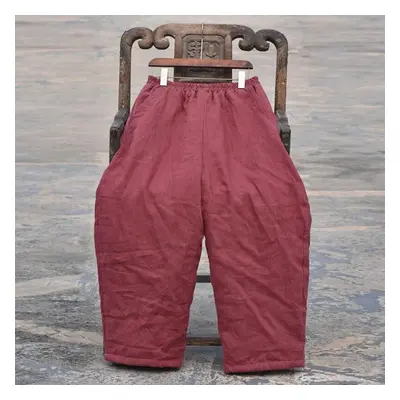 (dark red, One Size) Johnature Women Linen Loose Warm Cotton Trousers Elastic Waist Solid Color 