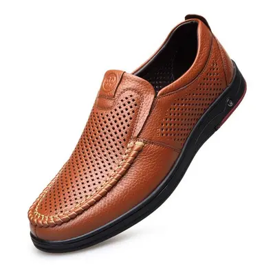 (yellow, 38) Men&apos;s Summer Loafers Shoes Genuine Leather Soft Man Casual Slip-on Cutout Shoe