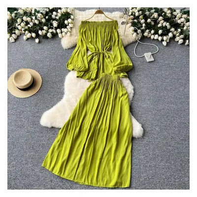 (light green, One Size) Gentle Two Piece Sets Women Slash Neck Off Shoulder Lantern Long Sleeve 