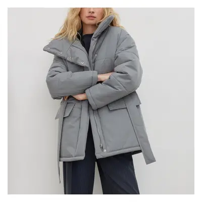 (gray, S) Women Autumn Winter Stand Collar Cotton Coat Temperament Irregular Button Matching Bel