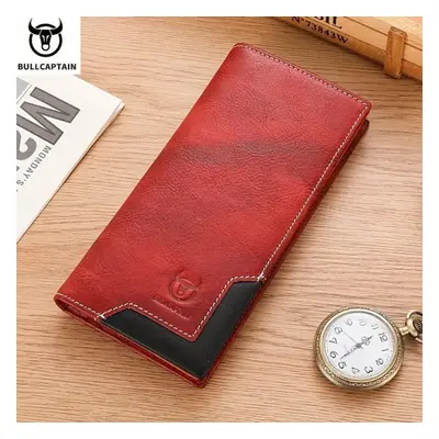 (red) Bullcaptain Cow Leather Men&apos;s Leather Wallet Large Capacity Wallet Credit Card Bag