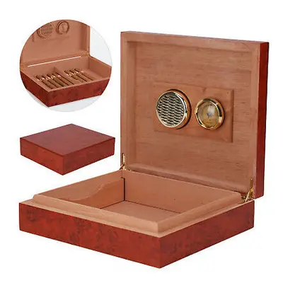 Brown Cedar Wooden Lined Cigar Humidor Humidifier + Hygrometer Box