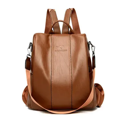 (Brown) Anti-theft leather backpack women vintage shoulder bag ladies high capacity