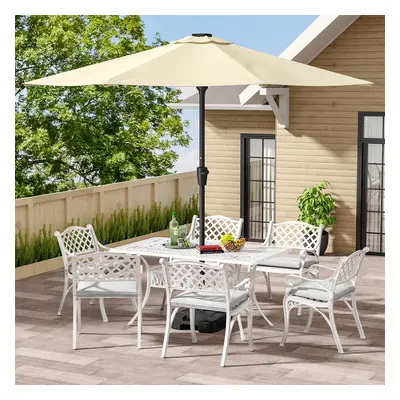 6 Seater Retro Cast Aluminum Garden Bistro Umbrella Table and Chairs Set with Cushions cm