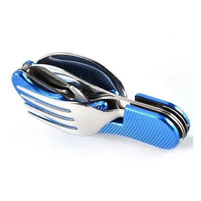 (Blue) In Outdoor Tableware Set Camping Cooking Supplies Stainless Steel Spoon Folding Pocket Ki