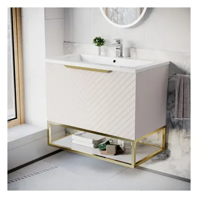 Nes Home 800mm Wall Hung Pink Drawers Basin Vanity Brushed Brass Frame & Handle