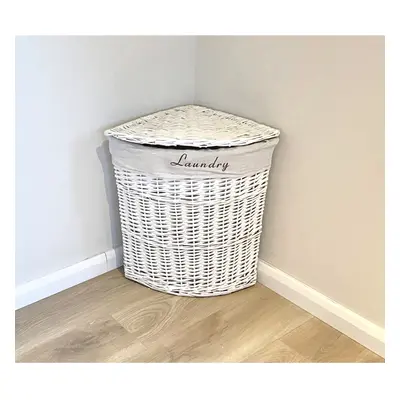 (White, Medium) Wicker Corner Laundry Basket