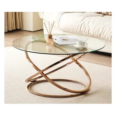 (Gold) Round Abstract Tempered Glass Coffee Table Chrome Effect Frame In Gold Or Silver