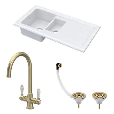 Fireclay Kitchen Bundle - 1.5 Bowl Sink & Drainer, Waste & Mono Lever Tap, 1010mm - Brushed Bras