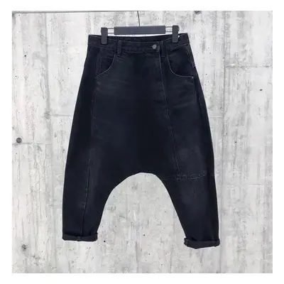 (black, XL) Low Waist Ankle Length Baggy Drop Crotch Harem Slim Leg Jeans Man Women Loose Wide B