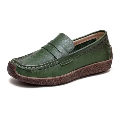 (green, 39) Johnature Retro Women Genuine Leather Flats Shoes Handmade Shallow Soft Sole Casual 