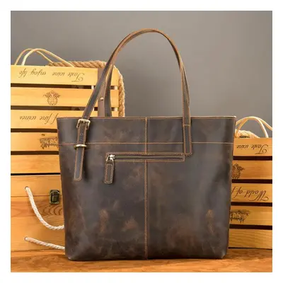 (coffee) Johnature Retro Crazy Horse Leather Casual Tote Versatile Commuter Women Bag Large Capa