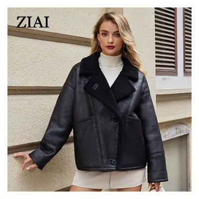 (black, XL) Ziai Winter Faux Leather Jacket Women Warm Fur Collar Padded Coat Female Pu Parkas F