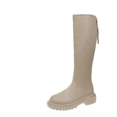 (beige, 38) Winter Long Brand Women&apos;s Boots Knee High Luxury Chelsea Chunky Platform Shoes 