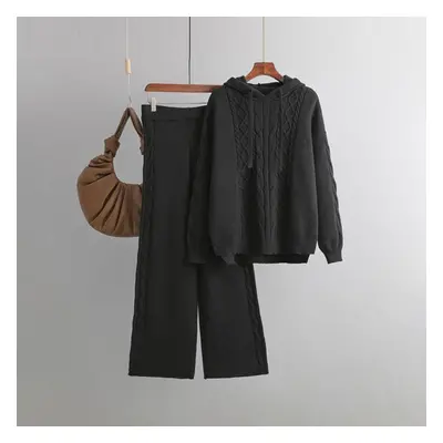 (black, OneSize) Women Autumn Hooded Neck Solid Color Knitwear Wide Leg Pants Two Piece Set