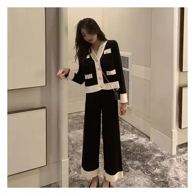 (black, M) Fashion Women&apos;s Suit Spring Knit Suit Fashion Professional Knitted Wide-leg Pant